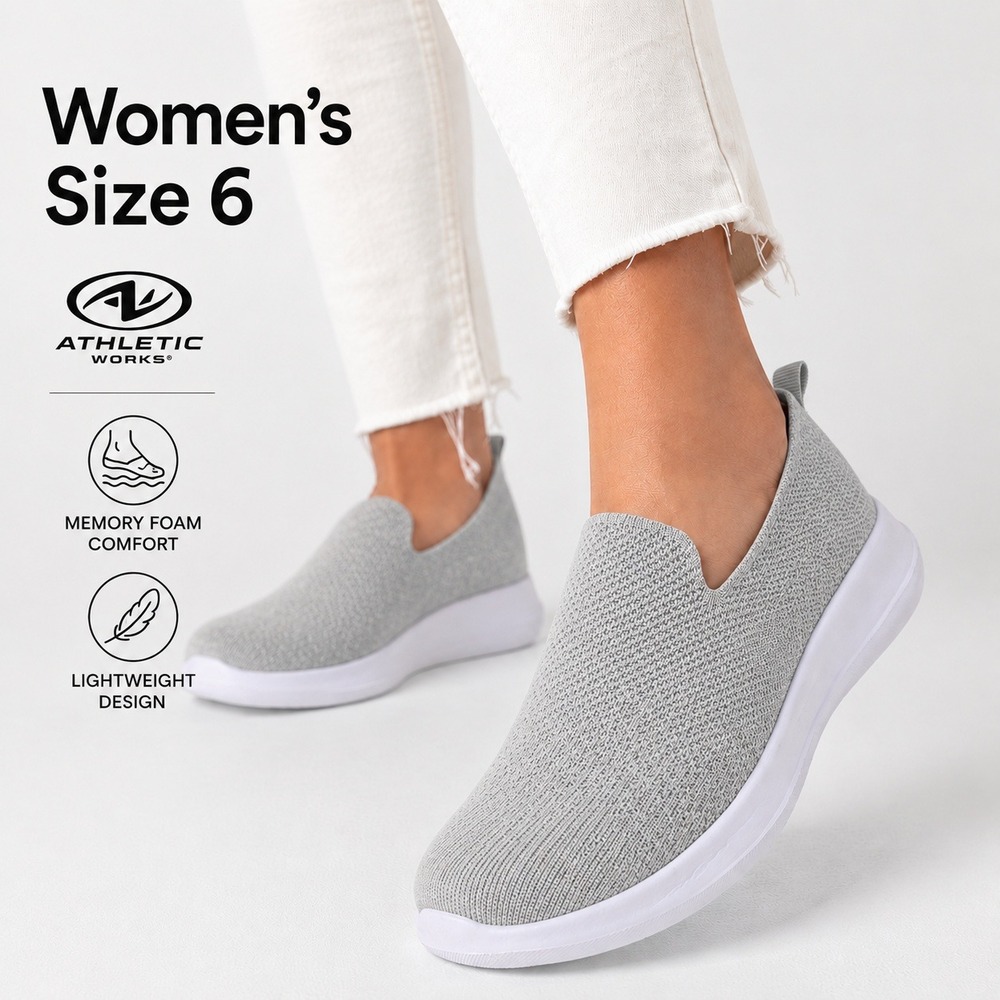 Athletic Works Womens Comfort‎ Low Vamp Slip On Sneakers Grey Memory Foam Size 6